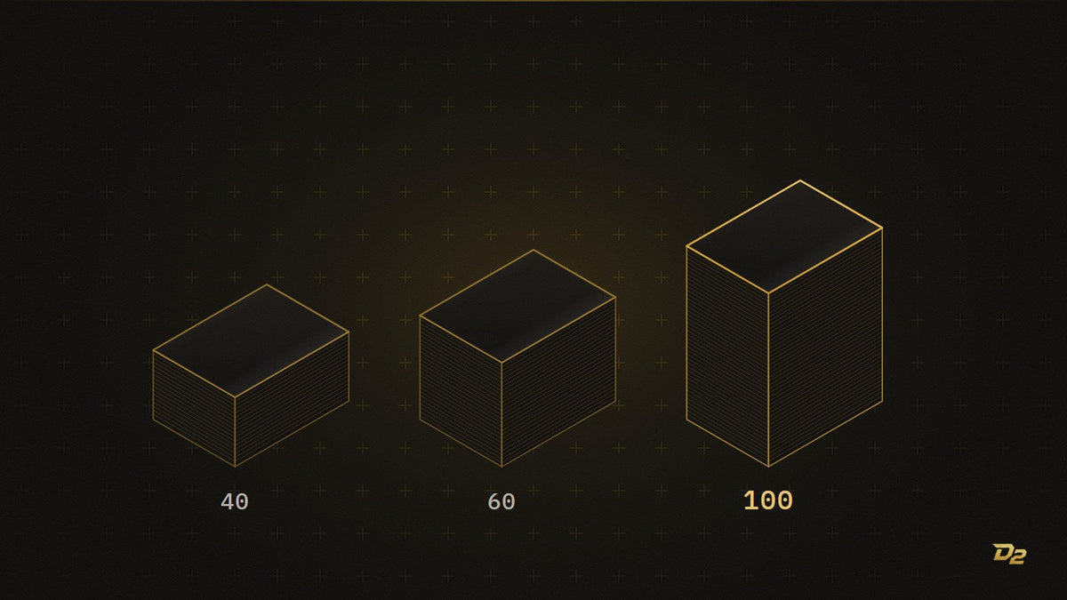 Trois piles de cartes sleevées : 40, 60 et 100 cartes